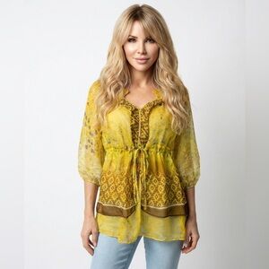Trinity 100% Silk Yellow and Brown Blouse Sz S Gorgeous